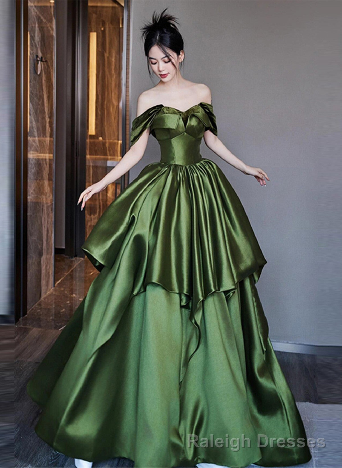 Green Satin Long Off Shoulder Princess Formal Dress, Green Satin Prom Dress Main image