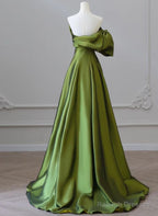 Green Satin Long One Shoulder Party Dress, Green A-Line Satin Prom Dress