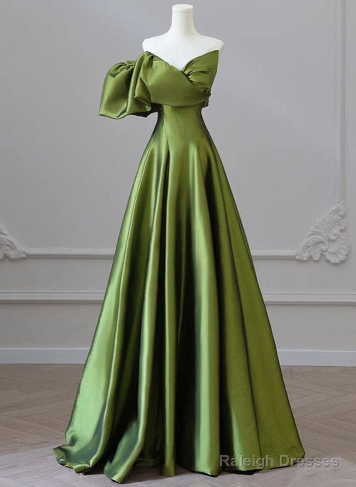 Green Satin Long One Shoulder Party Dress, Green A-Line Satin Prom Dress Main image