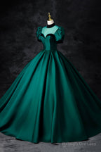 Green Satin Long Prom Dresses Elegant A-Line Short Sleeve Prom Dresses