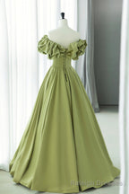 Green Satin Long Prom Dress, Green A Line Prom Dress