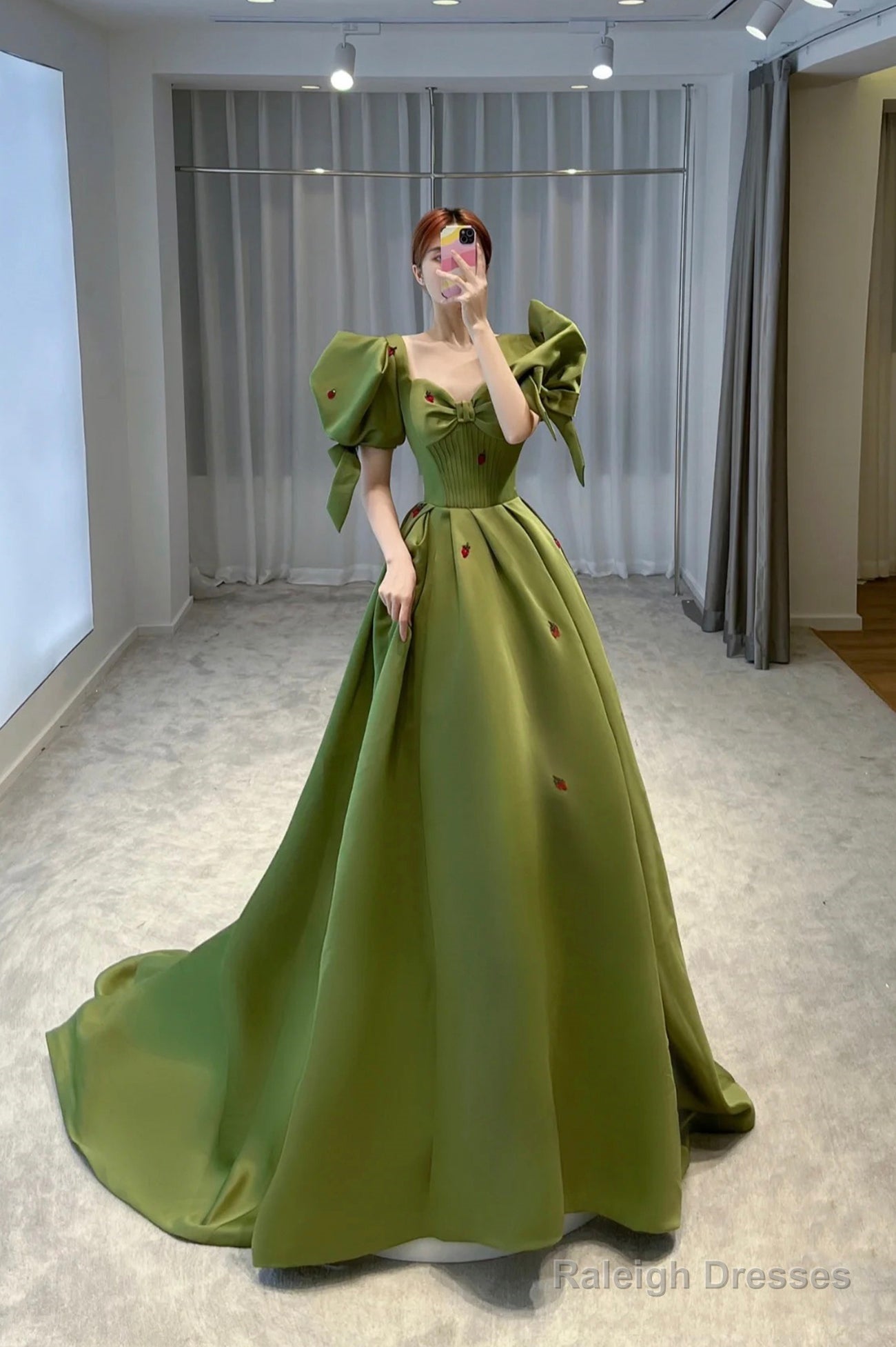 Green Satin Long Prom Dress With Strawberry Decal, Lovely Puff Sleeve Evening Dress Main image