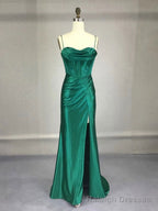 Green Satin Long Prom Dresses, Green Mermaid Long Formal Dresses