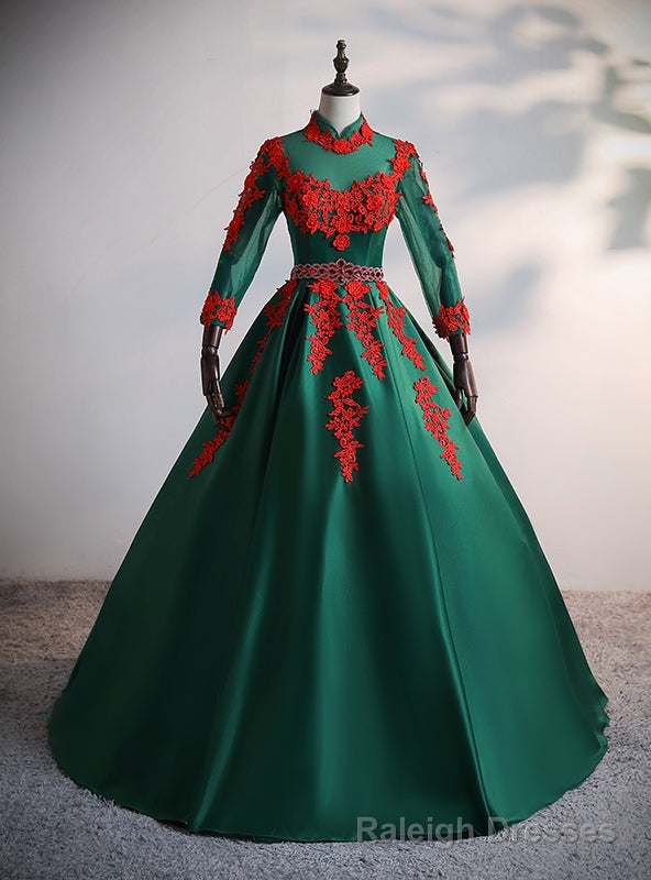 Green Satin Long Sleeve Red Appliques Quinceanera Dress