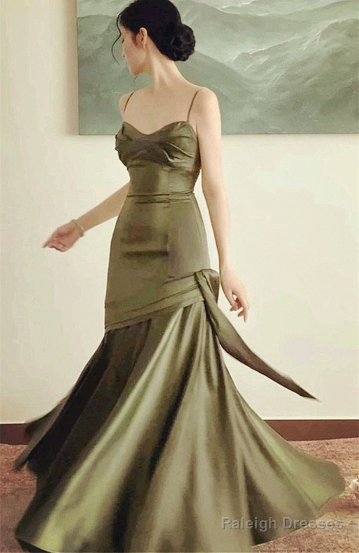 Green Satin Mermaid Long Prom Dresses Spaghetti Straps Evening Dress Secondary image