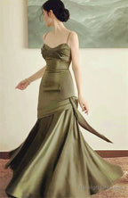 Green Satin Mermaid Prom Dress Long Spaghetti Straps Prom Dresses