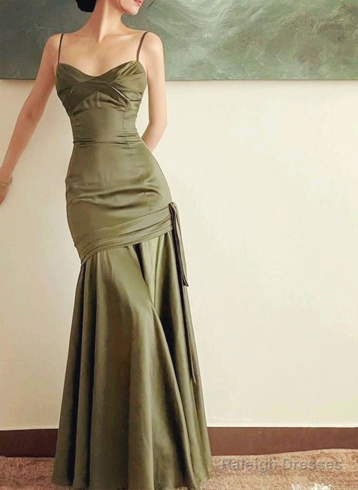 Green Satin Mermaid Long Prom Dresses Spaghetti Straps Evening Dress
