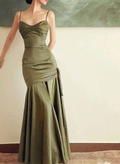 Green Satin Mermaid Long Prom Dresses Spaghetti Straps Evening Dress