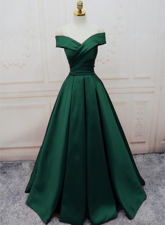 Green Satin Off Shoulder Lace-Up Prom Gowns Senior Prom Dress