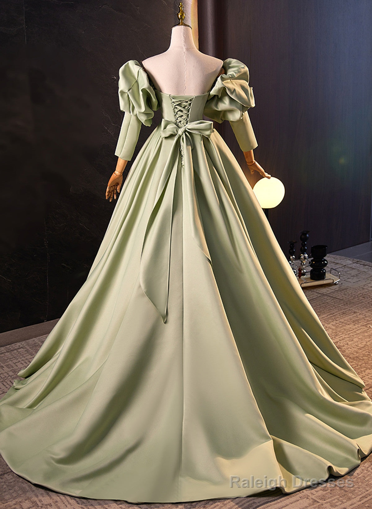 Green Satin Off Shoulder Long Formal Dress, Green Long Evening Dress Sweet 16 Dress