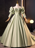 Green Satin Off Shoulder Long Formal Dress, Green Long Evening Dress Sweet 16 Dress