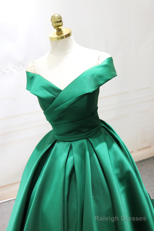 Green Satin Off Shoulder Long Formal Gown, Beautiful Party Dress, Floor Length Party Dress Secondary image