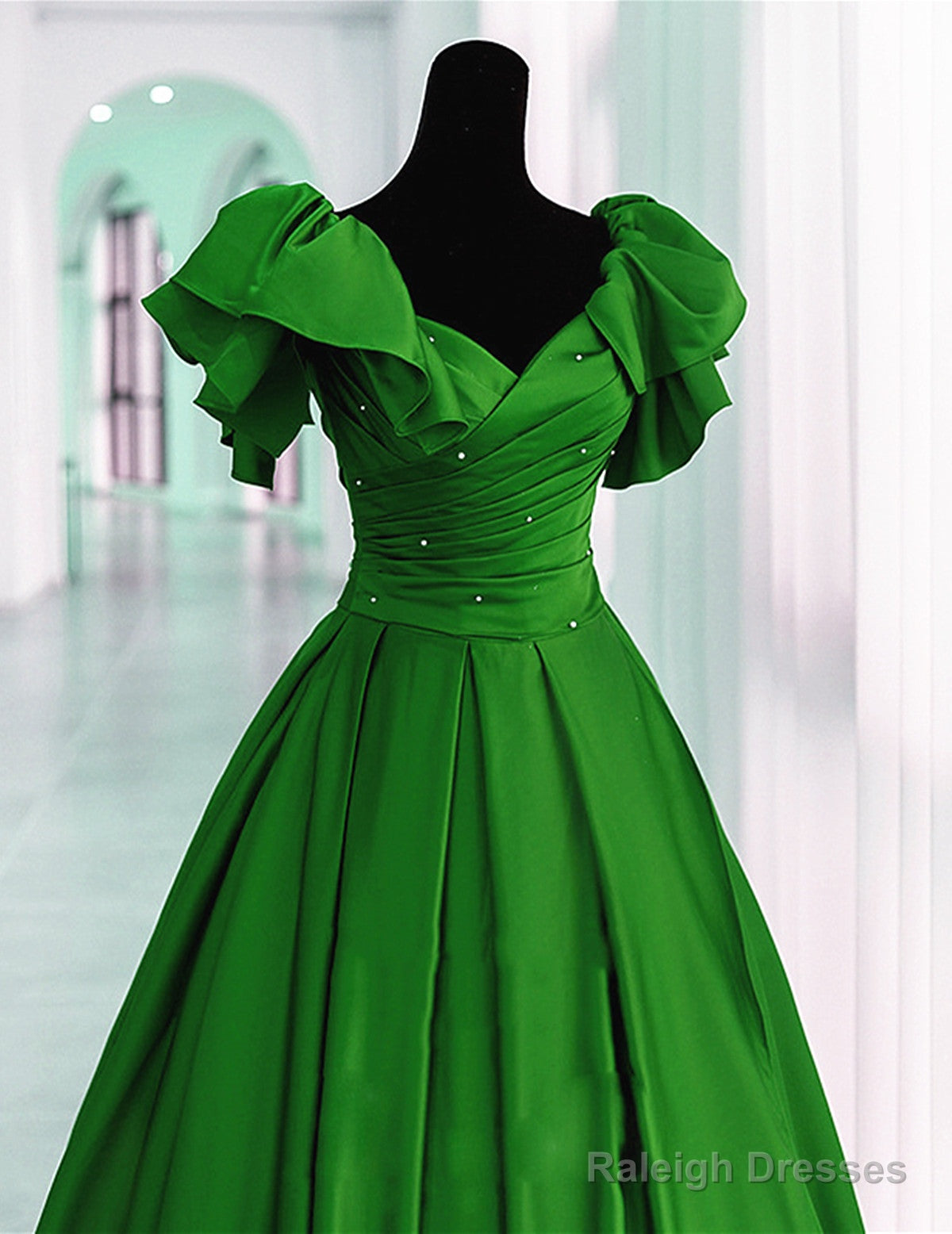 Green Satin Off Shoulder Long Party Dress, A-Line Green Prom Dress Evening Dress