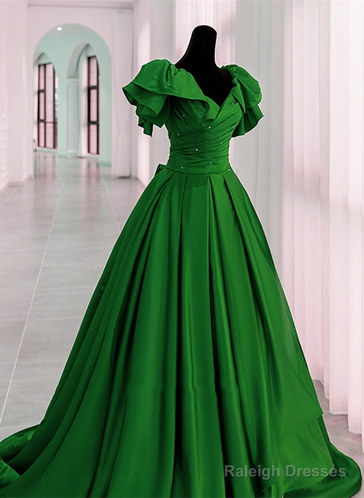 Green Satin Off Shoulder Long Party Dress, A-Line Green Prom Dress Evening Dress Main image