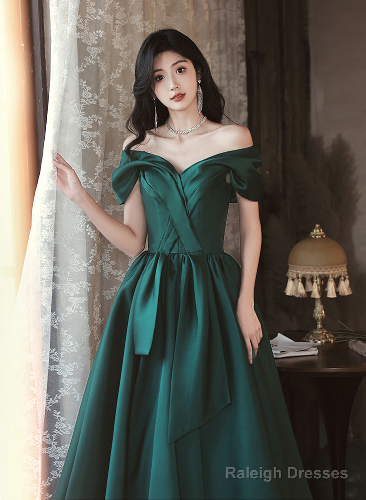 Green Satin Off Shoulder Long Party Dress, Green A-Line Chic Prom Dress Secondary image
