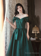 Green Satin Off Shoulder Long Party Dress, Green A-Line Chic Prom Dress