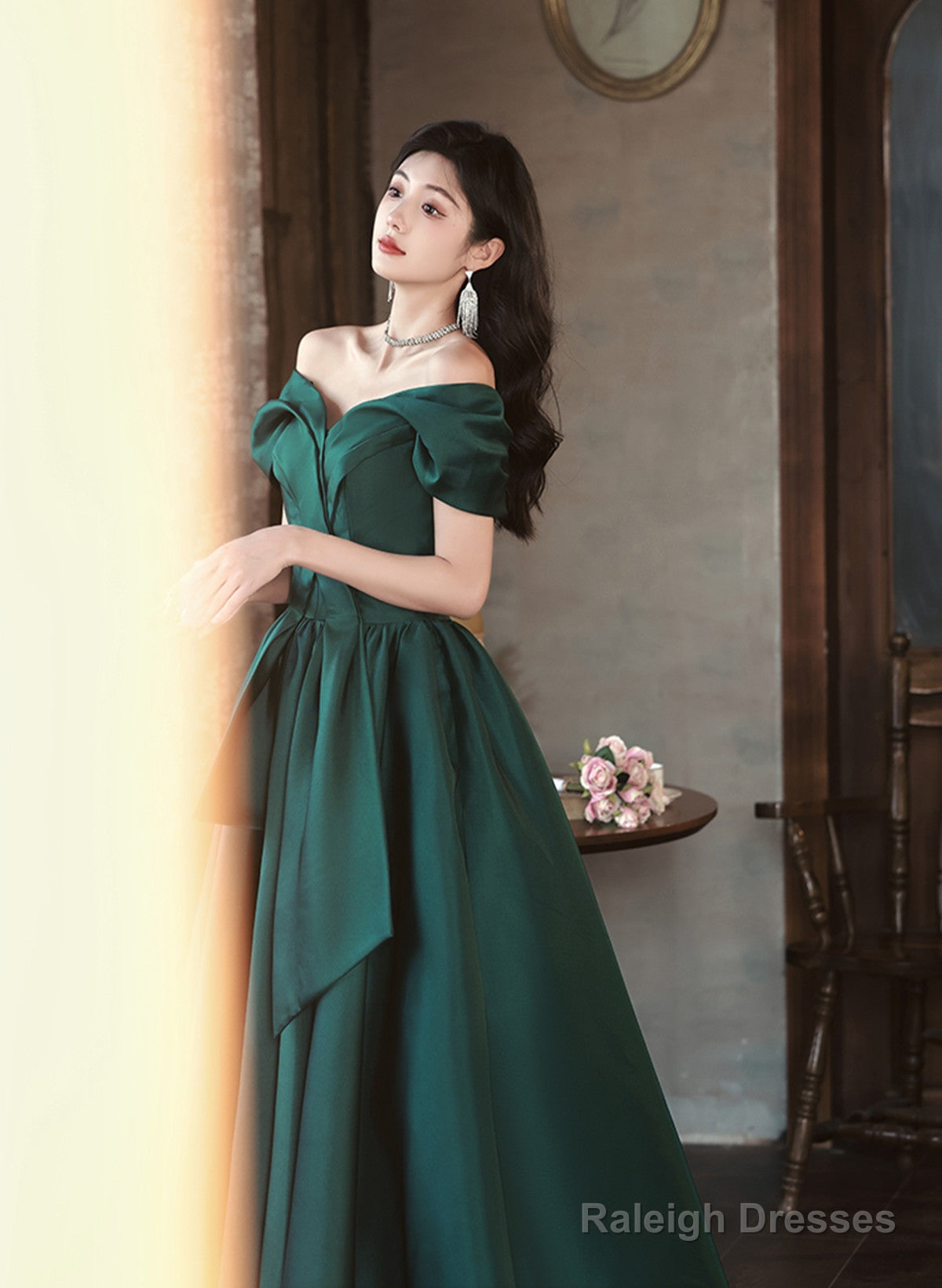 Green Satin Off Shoulder Long Party Dress, Green A-Line Chic Prom Dress