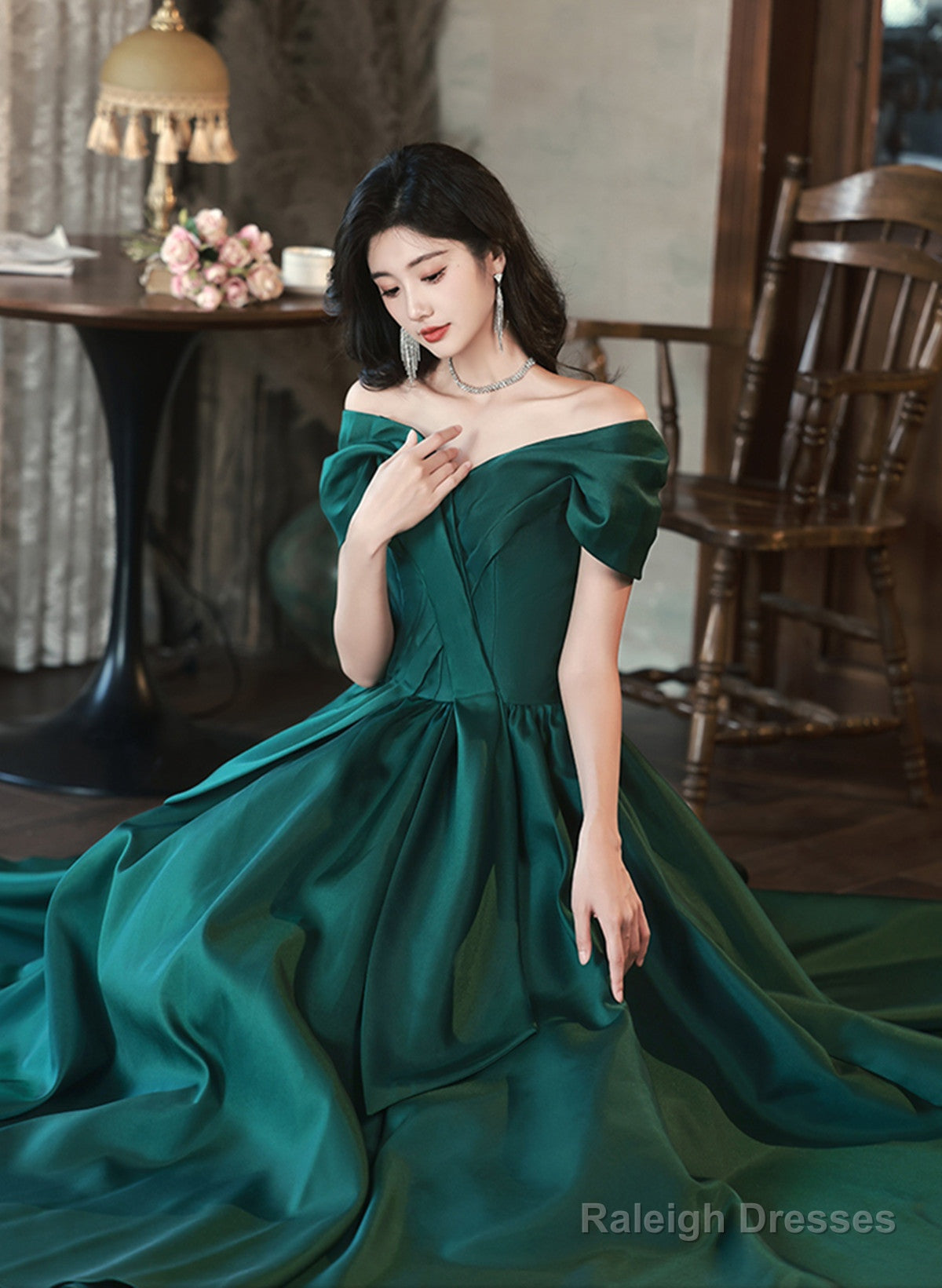 Green Satin Off Shoulder Long Party Dress, Green A-Line Chic Prom Dress
