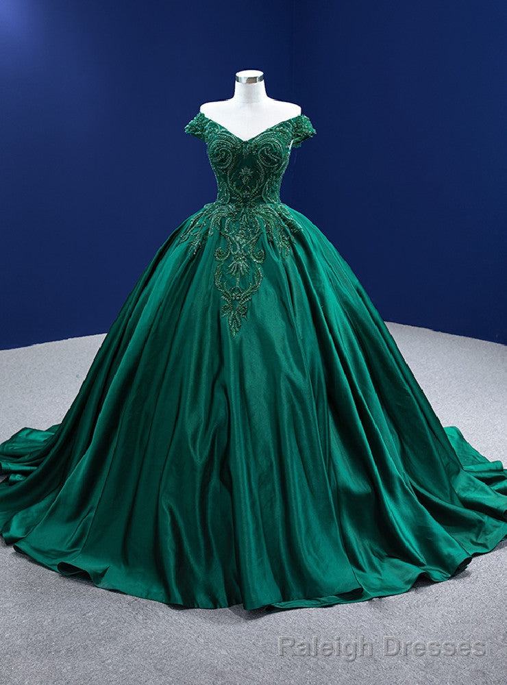 Green Satin Off the Shoulder Appliques Beading Prom Dress Main image