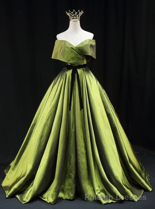 Green Satin Off the Shoulder Pleats Prom Dress With Belt Main image