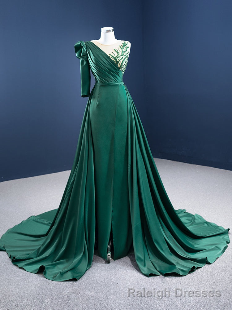 Green Satin One Shoulder Pleats Beading Prom Dress Main image