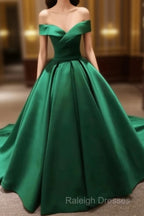 Green Satin Prom Dresses Long Off The Shoulder Ball Gowns Quinceanera Dresses