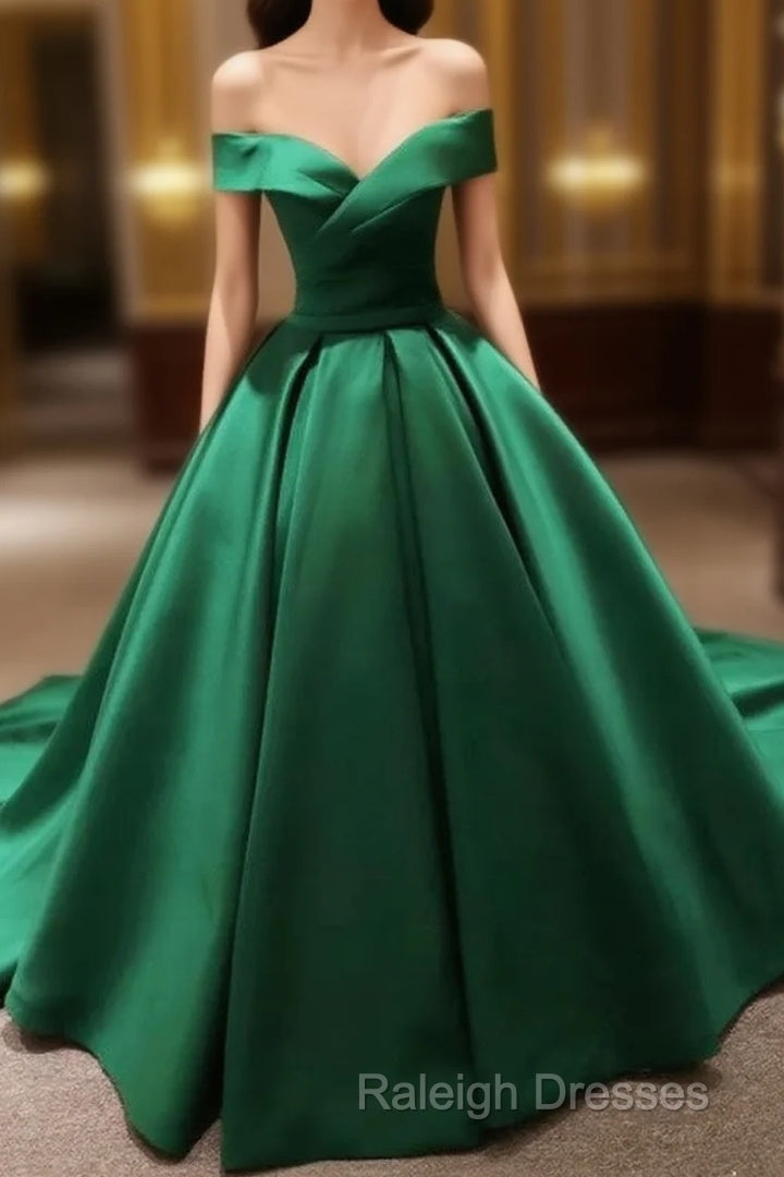 Green Satin Prom Dresses Long Off The Shoulder Ball Gowns Quinceanera Dresses