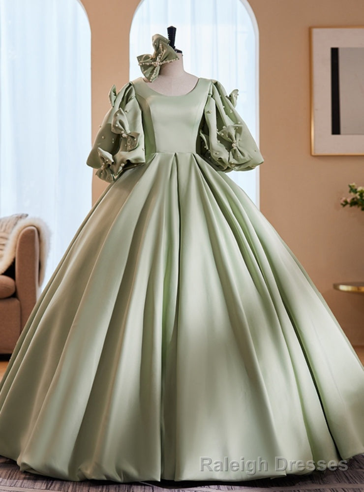 Green Satin Puff Sleeve Bow Pearls Quinceanera Dress Main image