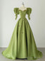 Green Satin Puff Sleeve Square Prom Dress