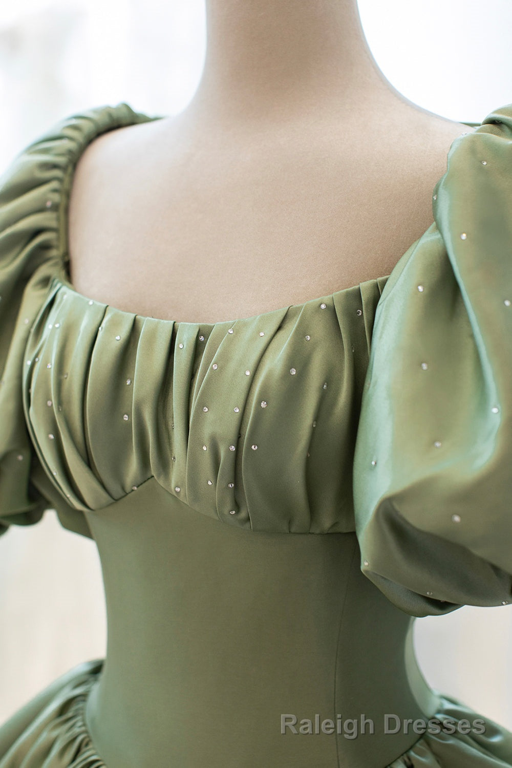 Green Satin Puff Sleeves Long Prom Dress, Green A-Line Formal Dress