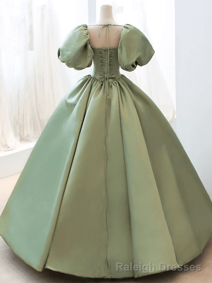 Green Satin Puffy Sleeves Long Formal Dress, Green Satin Prom Dress Party Dress Secondary image