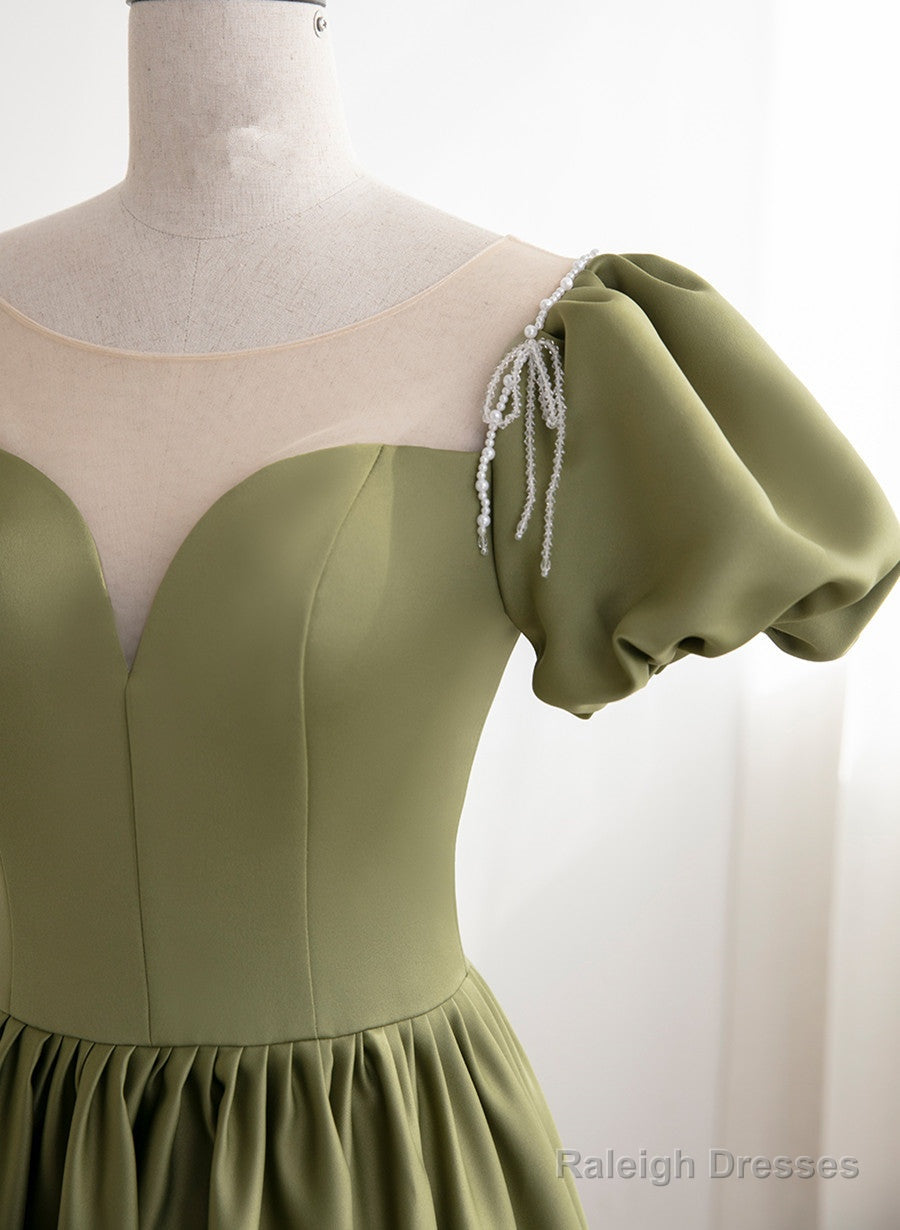 Green Satin Round Neckline A-Line Floor Length Prom Dress, Green Short Sleeves Formal Dress