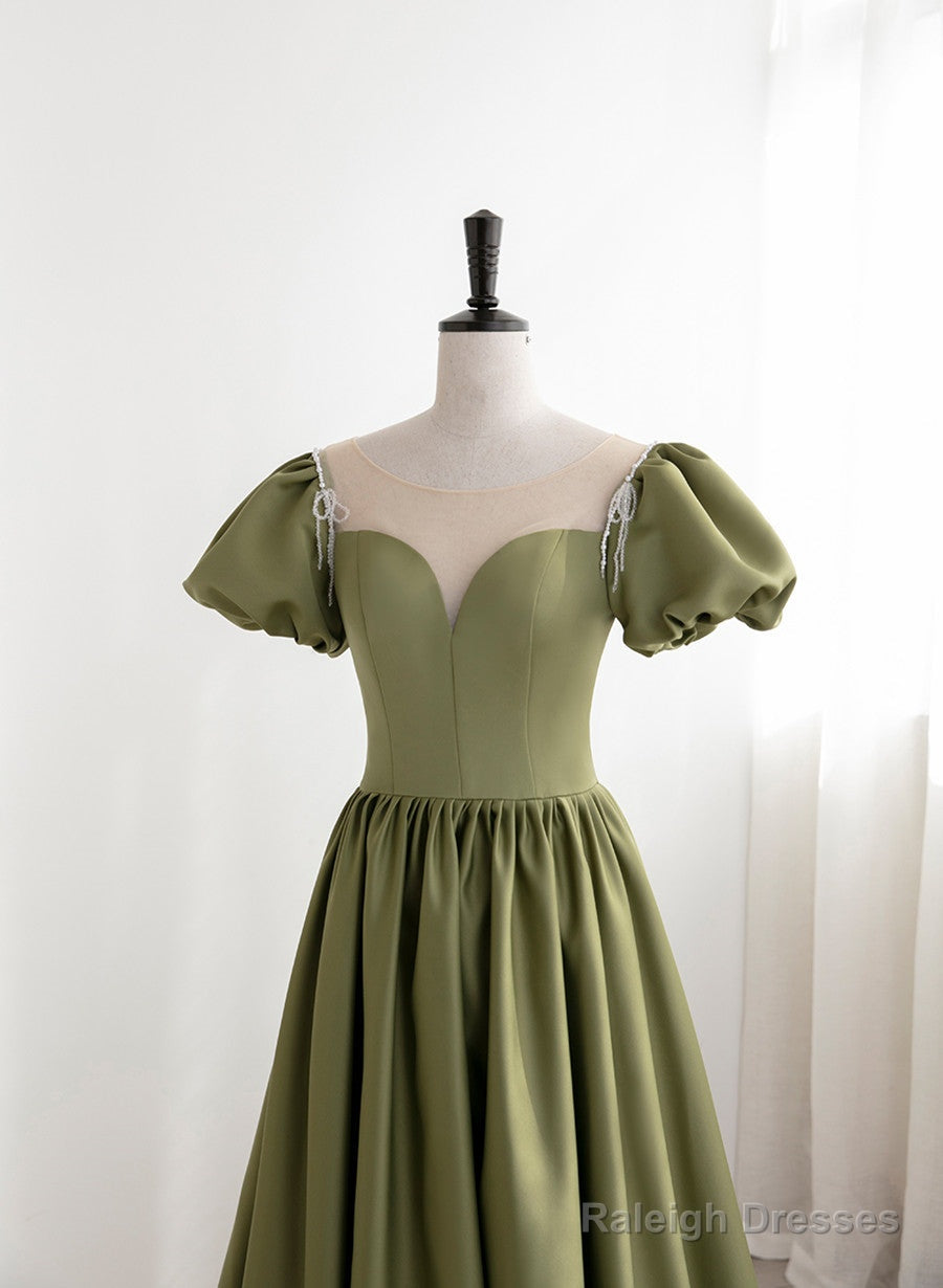 Green Satin Round Neckline A-Line Floor Length Prom Dress, Green Short Sleeves Formal Dress
