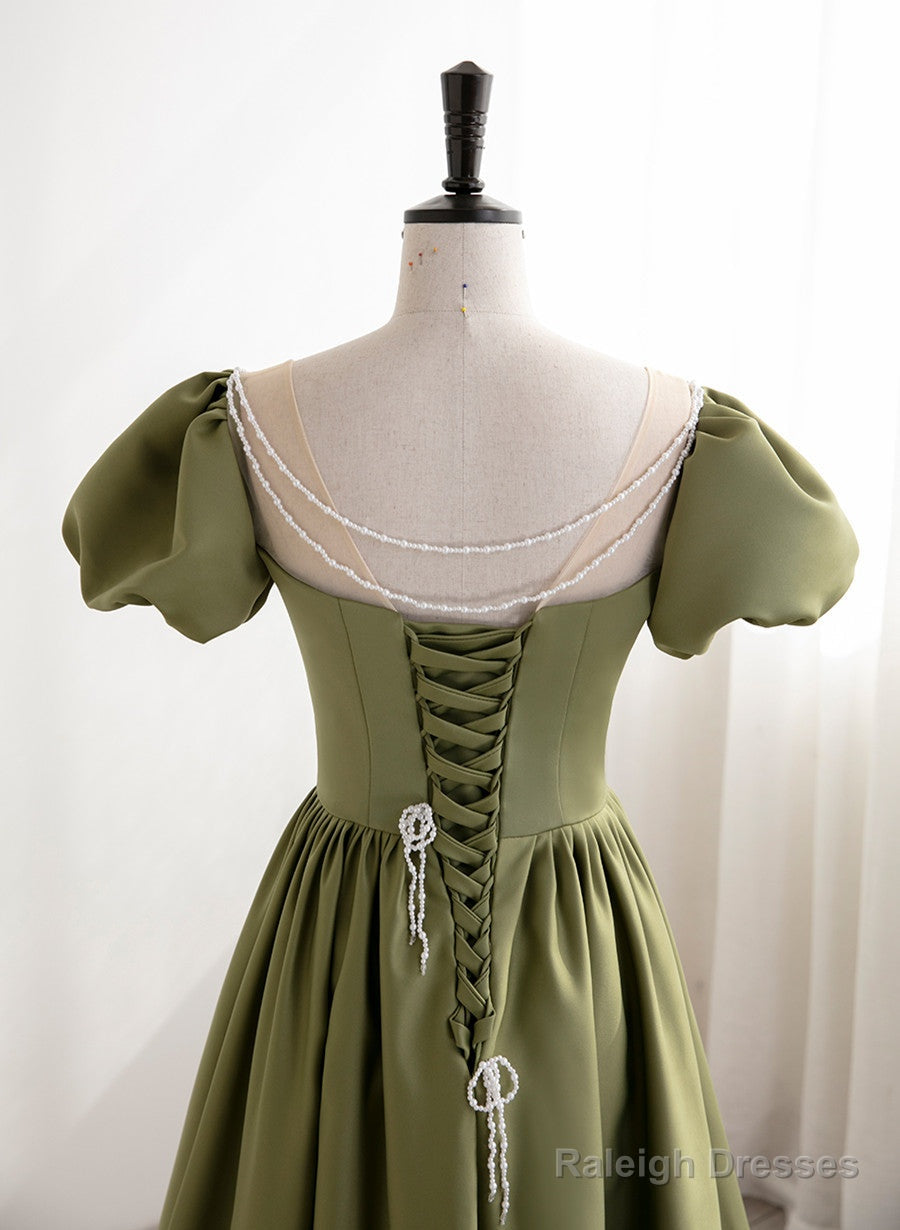 Green Satin Round Neckline A-Line Floor Length Prom Dresses Green Short Sleeves Prom Dresses