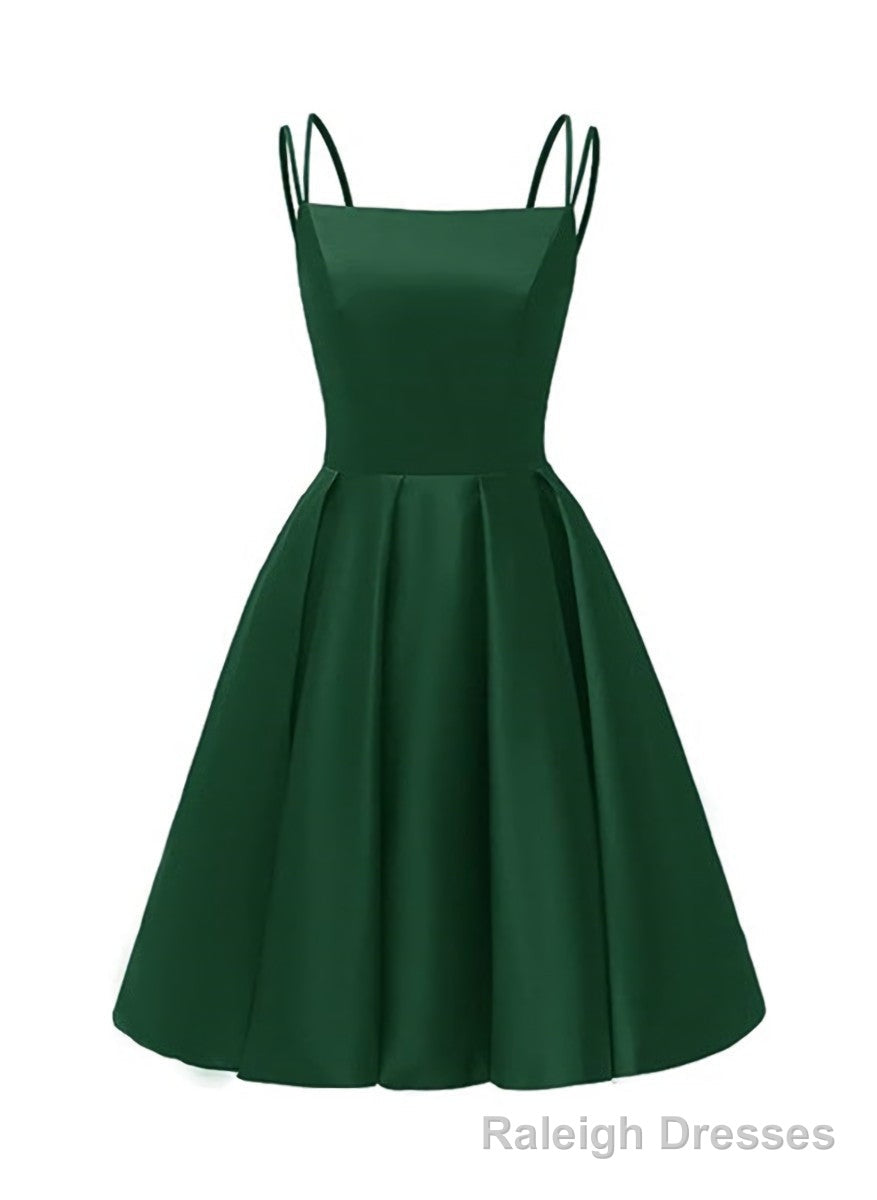 Green Satin Scoop Short Homecoming Dress, Satin Straps Lace-up Short Prom Dress