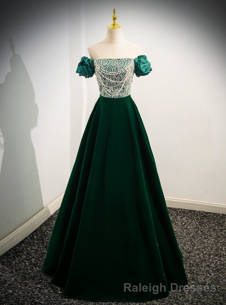 Green Satin Sequins Puff Sleeve Prom Dress