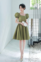Green Satin Short A-Line Prom Dress, Cute Short Sleeve Homecoming Dress