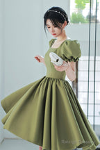 Green Satin Short A-Line Prom Dress, Cute Short Sleeve Homecoming Dress