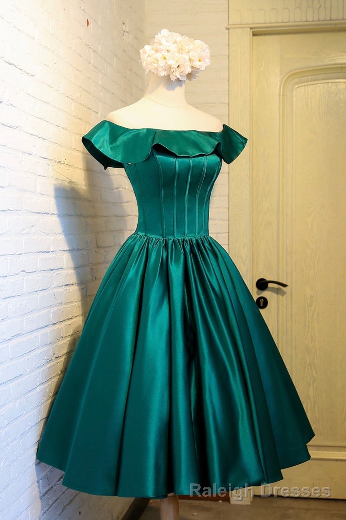 Green Satin Short Homecoming Dress, Cute Off the Shoulder Knee Length Prom Dress Secondary image