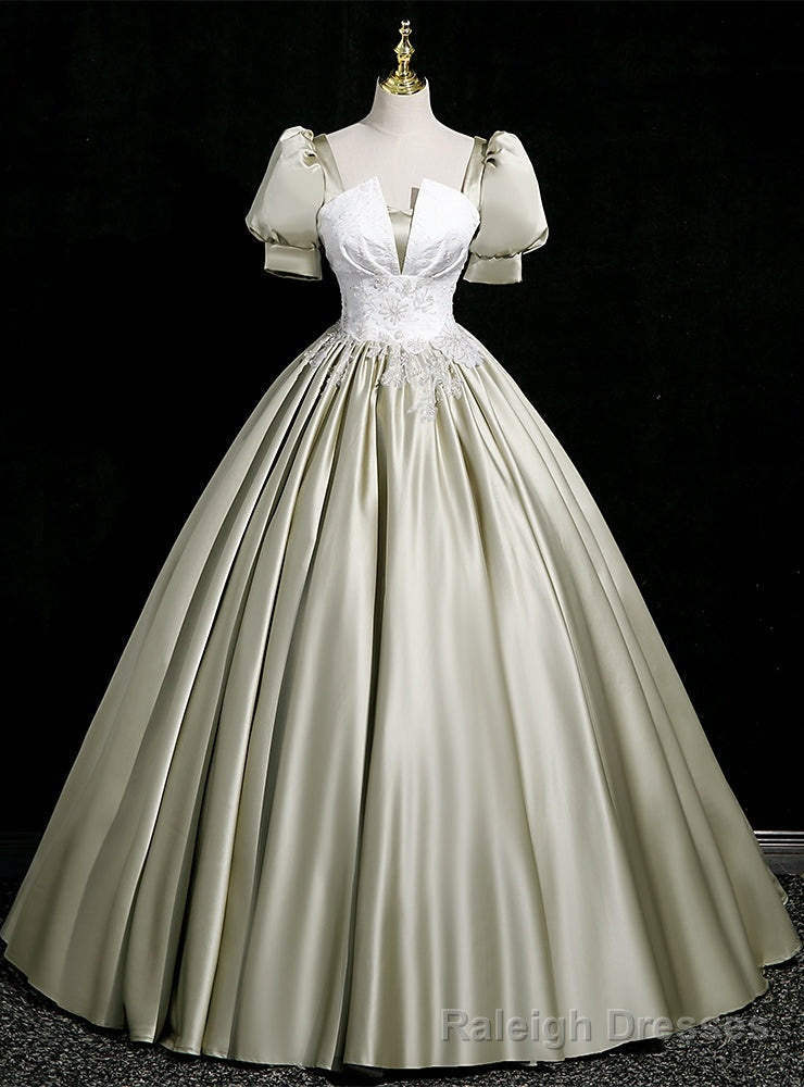 Green Satin Short Sleeve Appliques Quinceanera Dress