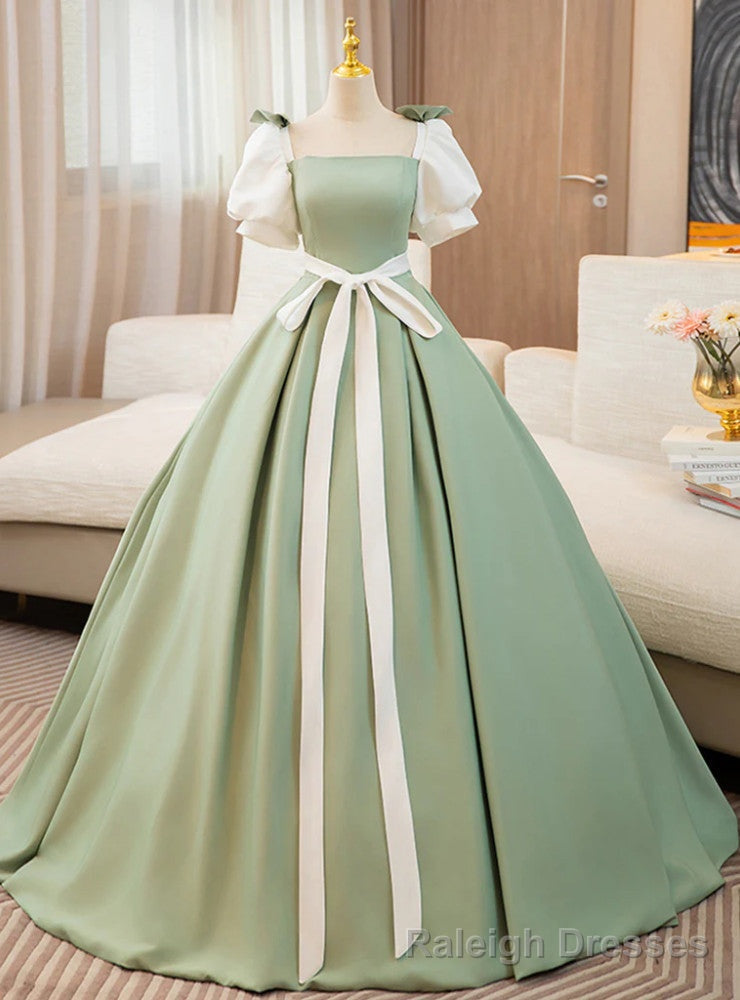 Green Satin Short Sleeve Bow Prom Dress Main image