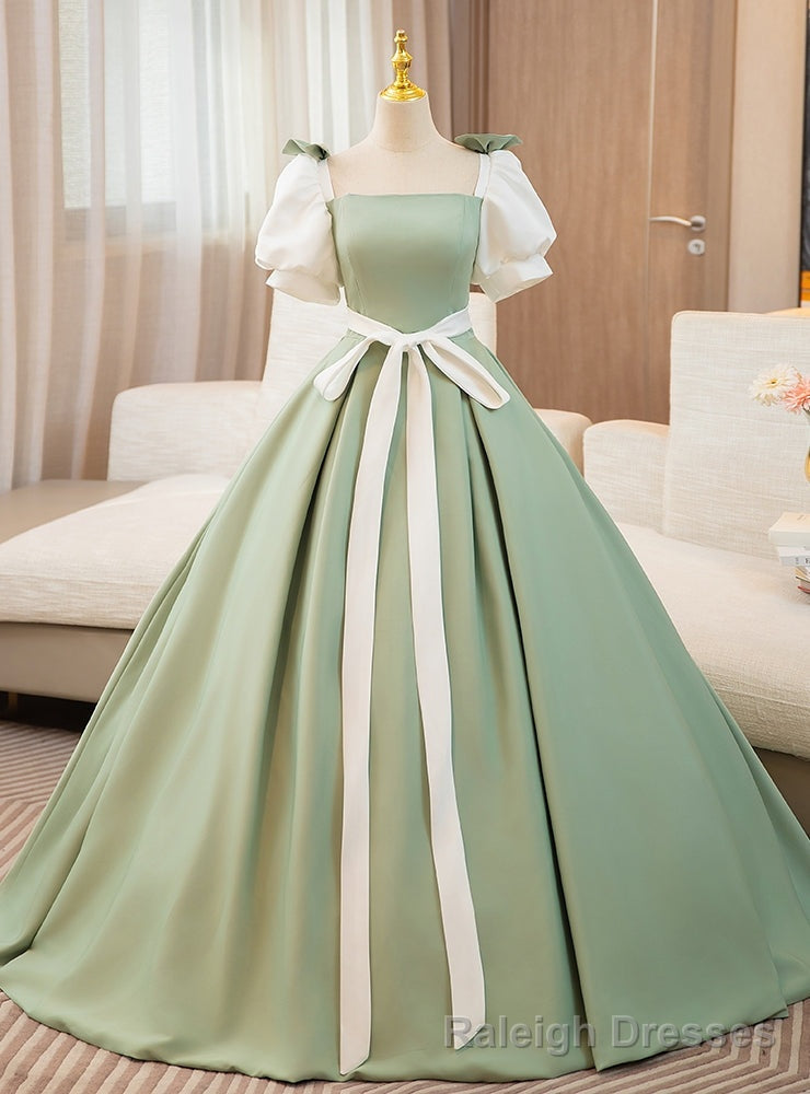 Green Satin Short Sleeve Bow Quinceanera Dress