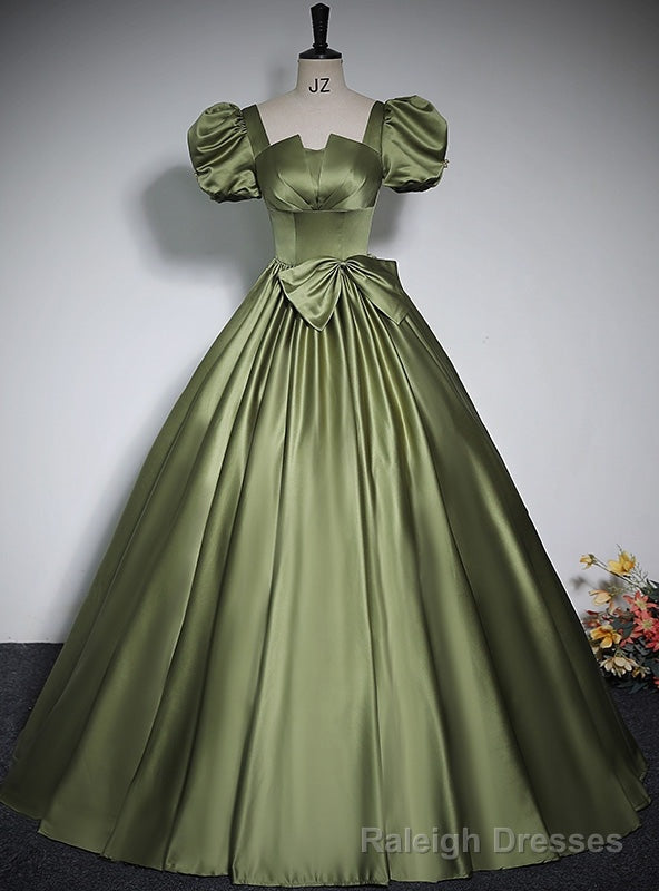 Green Satin Short Sleeve Prom Dress With Bow Main image