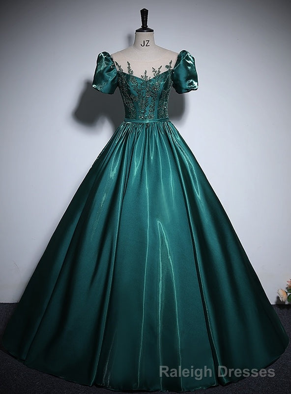 Green Satin Short Sleeve Sequins Appliques Quinceanera Dress Main image