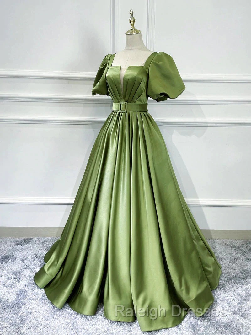 Green Satin Short Sleeves Long Evening Party Dresses, Green Formal Party Dresses
