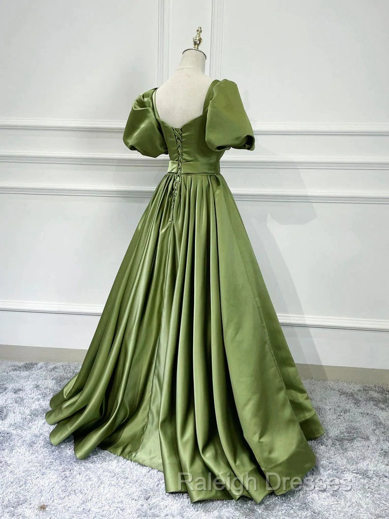 Green Satin Short Sleeves Long Evening Party Dresses, Green Formal Party Dresses