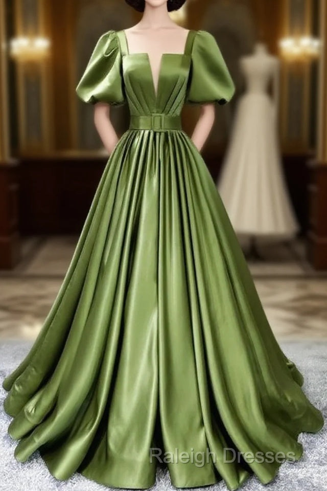 Green Satin Short Sleeves Long Evening Party Dresses, Green Formal Party Dresses