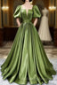 Green Satin Short Sleeves Long Evening Party Dresses, Green Formal Party Dresses
