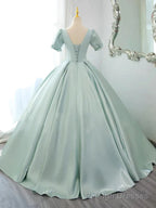 Green Satin Short Sleeves Long Formal Dress, Green Satin Prom Dress