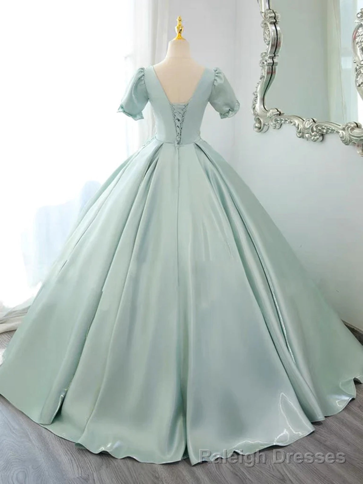 Green Satin Short Sleeves Long Formal Dress, Green Satin Prom Dress